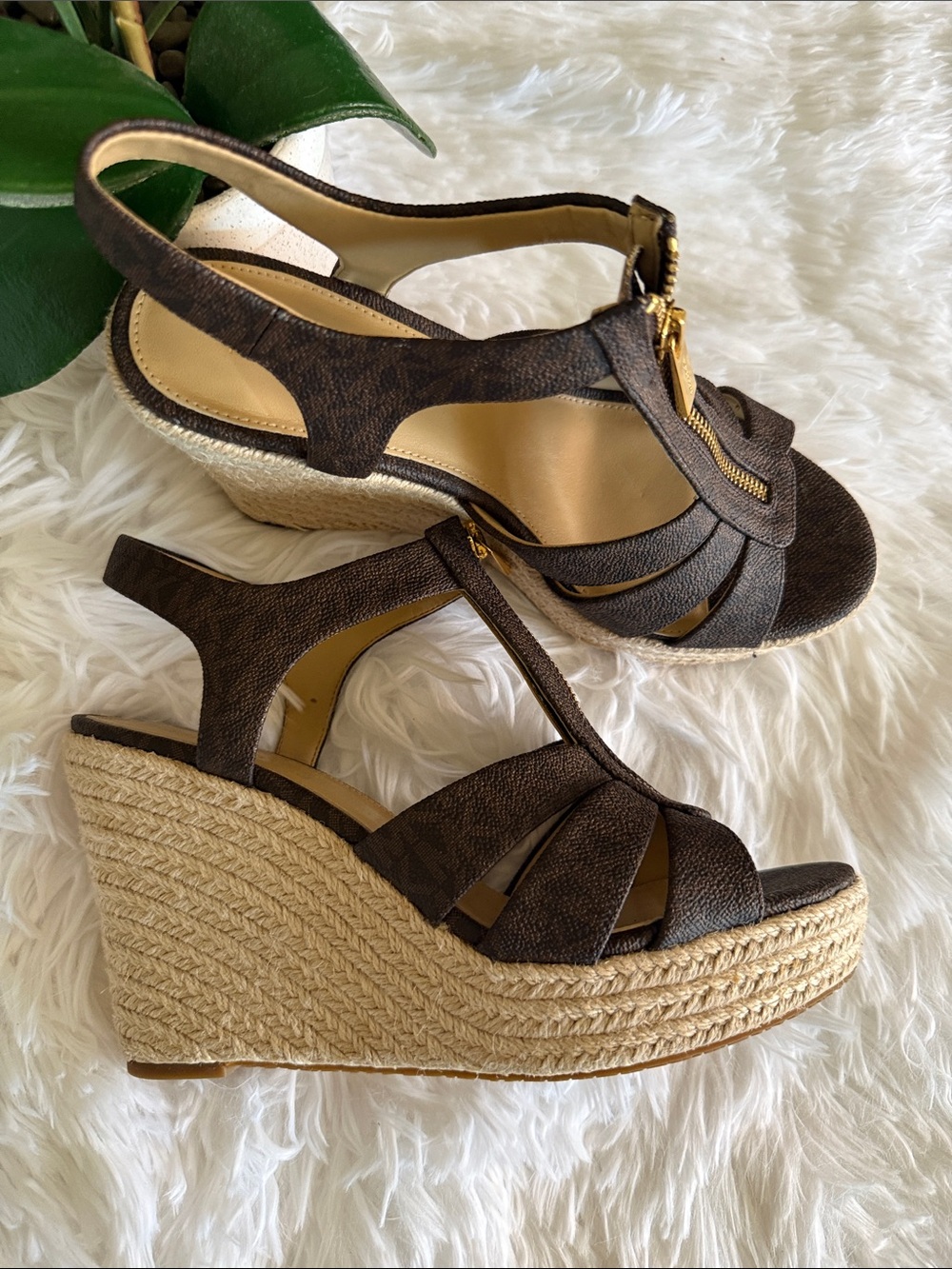 Michael Kors Dark Brown Logo Zip-Front Wedge Sandals